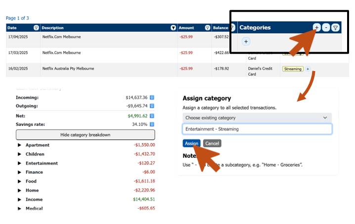 Assigning categories to financial transactions