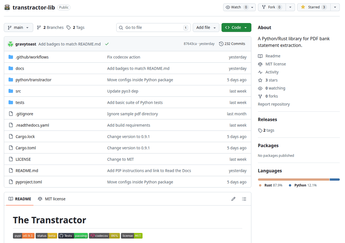 Transtractor GitHub repository page
